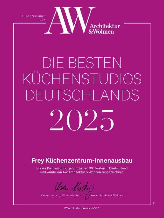 Urkunde „Die besten Küchenstudios Deutschlands 2025" von AW Architektur & Wohnen für Frey Küchenzentrum-Innenausbau.