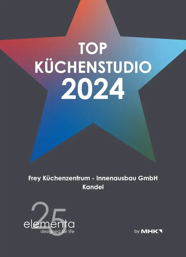 Auszeichnung „Top Küchenstudio 2024" von elementa für Frey Küchenzentrum-Innenausbau GmbH, Kandel.