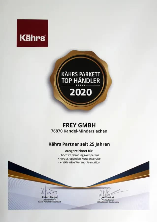 Kährs-Parkett-Urkunde „Top Händler 2020“ für die Frey GmbH — Partner seit 25 Jahren